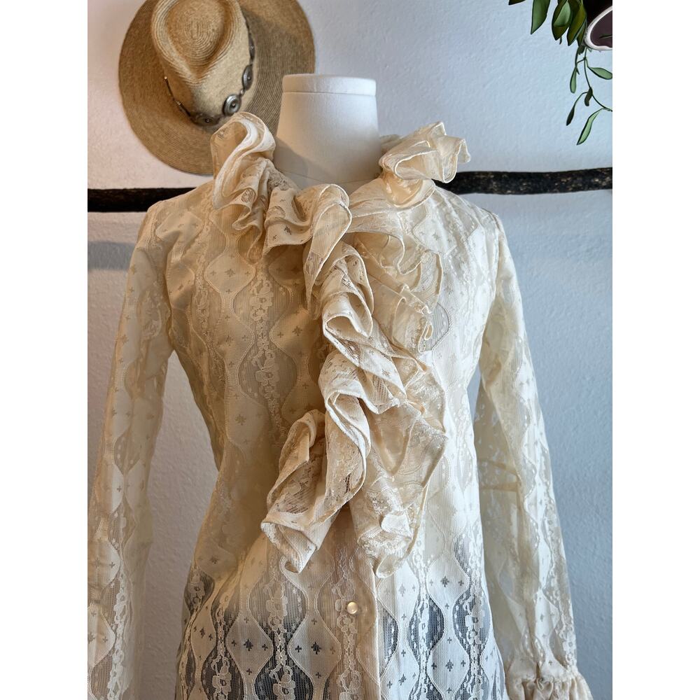 Vintage Neiman Marcus Cream Lace Ruffled Collar Long Sleeve Blouse Size 10 - Picture 13 of 14